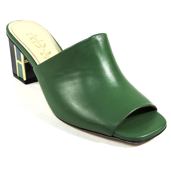 ALESSANDRO DI MARIA 🇮🇹 WOMEN'S GREEN SOFT LEATHER SUMMER MULES - Picture 3 of 9